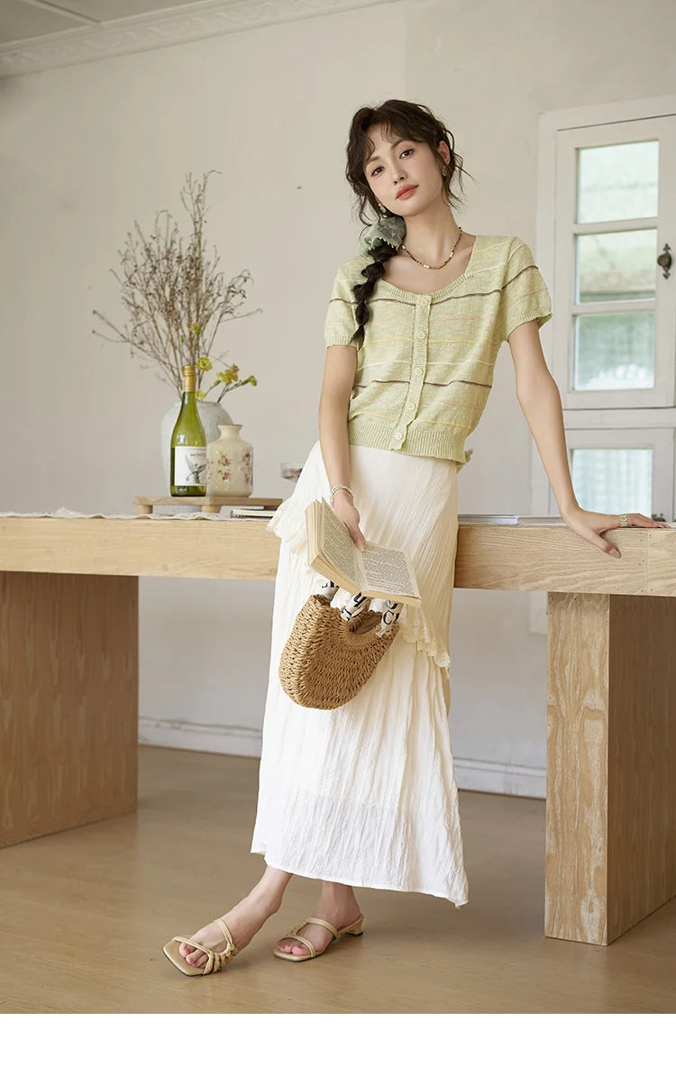 MISHOW Eegnat Lace Edge Skirt for Women Summer 2025 Ruffle Edge High Waist Slim A-line Long Skirt Solid Cake Skirts MXD30B0385