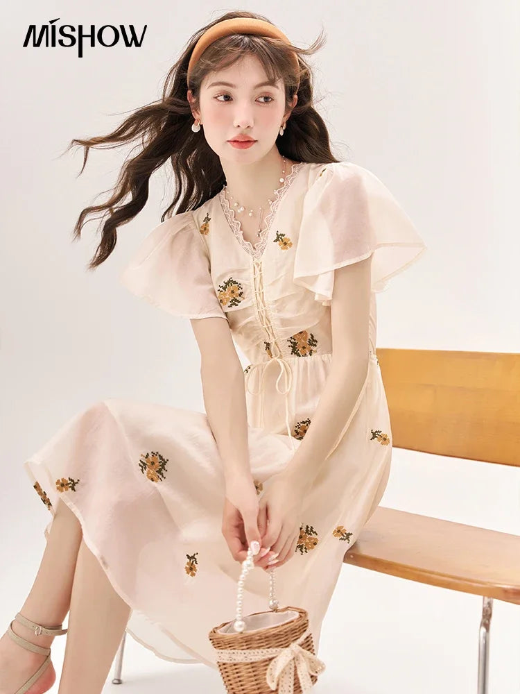 MISHOW [Van Gogh/Sunflower Collection] Embroidered Dress 2023 Summer Sweet Butterfly Sleeve V Neck Lace Splice Dress MXC39L1524