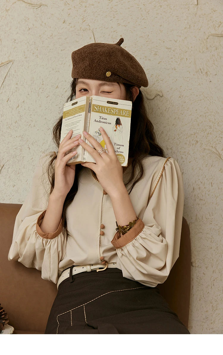 MISHOW French Retro Contrasting V-neck Shirt 2024 Autumn Solid Lantern Sleeve Top Single Row Two Buttons Casual Shirt MXD26X1597