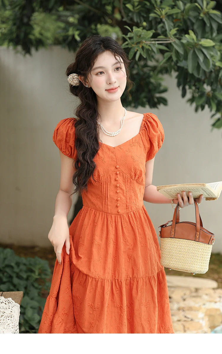 MISHOW 100 Cotton Orange Embroidered French Dress Women 2024 Summer V Neck Mid Length Dress Solid Loose A-line Dress MXD29L1931