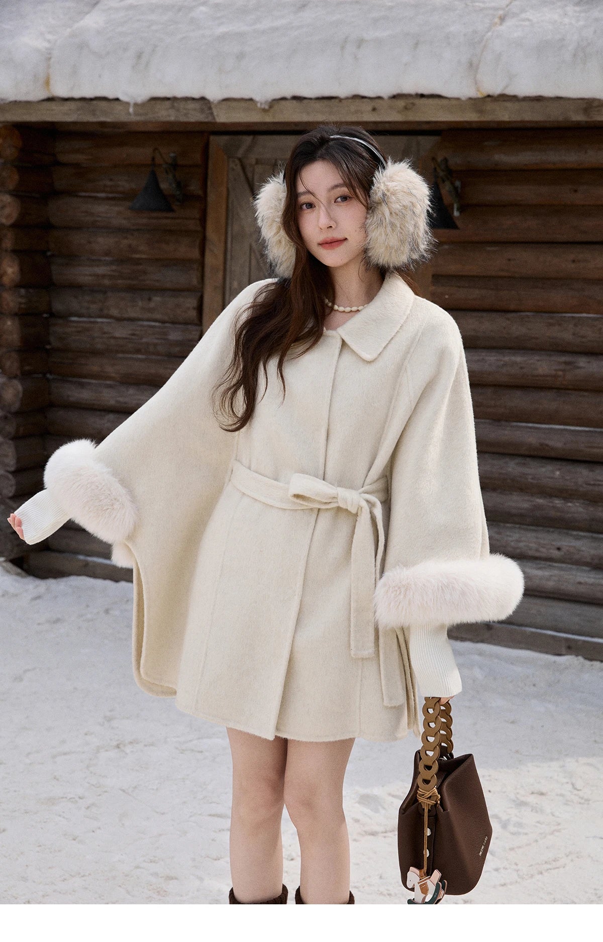 MISHOW 100% Wool Cape Double-sided Woolen Coat 2025 Winter Elegant Detachable Furry Cuffs Warm Lapel Ponchos Coats MXE90W0947