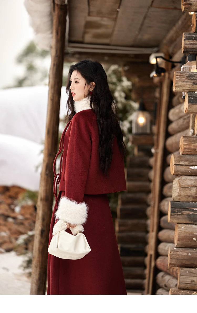 MISHOW Tweed Jacket Midi Skirts Separately Removable Fur Collar Frog Short Coat Cotton Clip A-LINE Pleated Skirt MXD59W0609