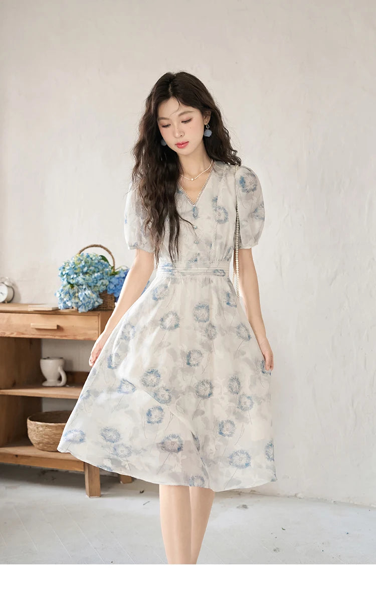 MISHOW 【Taraxacum Series】Chiffon Dress for Women 2023 Summer French Taraxacum Printing V-neck Waist Puff Sleeve Dress MXC39L1555