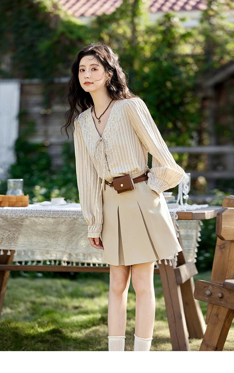 MISHOW French Retro V-neck Lace-up Striped Shirt for Women Spring 2025 Embroidered Lace Long Sleeve Top Casual Shirts MXE12X1715