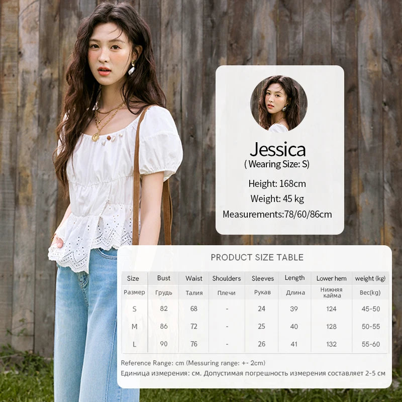 MISHOW French Summer Casual Blouses 2025 Solid Short Puff Sleeve Hem Hollow Cotton Tops Loose Collar Beading Blouse MXE33X1776