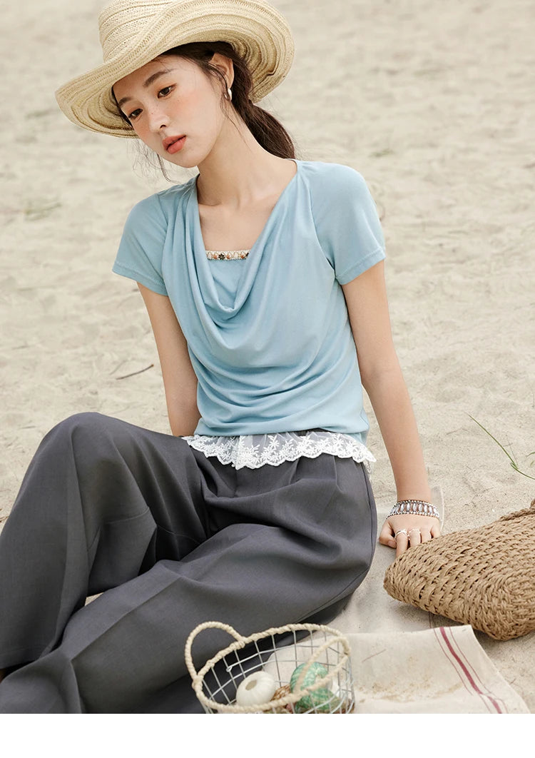 MISHOW Casual Summer Shirts Women 2025 Fashion Short Sleeve Swing Collar Solid T-shirt Female Slim Shell Ribbon Tops MXE33T0524