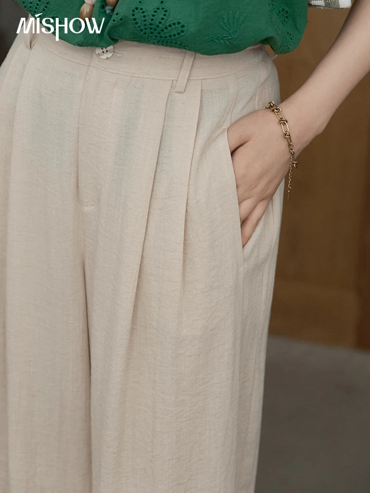 MISHOW Women Casual Wide Leg Pants 2025 Summer Button Pocket Versatile High Waist Slim Straight Pants Female Clothing MXE39K0962