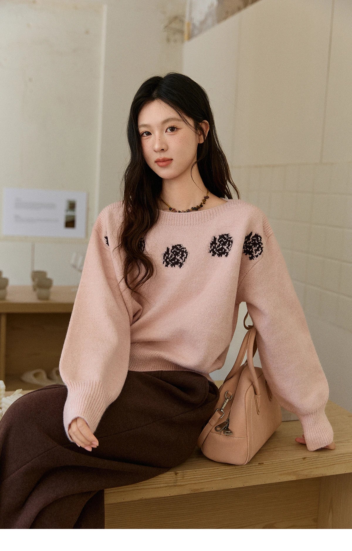 MISHOW Pink Jacquard Sweater for Women Fall Winter 2025 Lantern Sleeve Tops Shoulder Drop Thickened Knitted Sweater MXE91Z2775