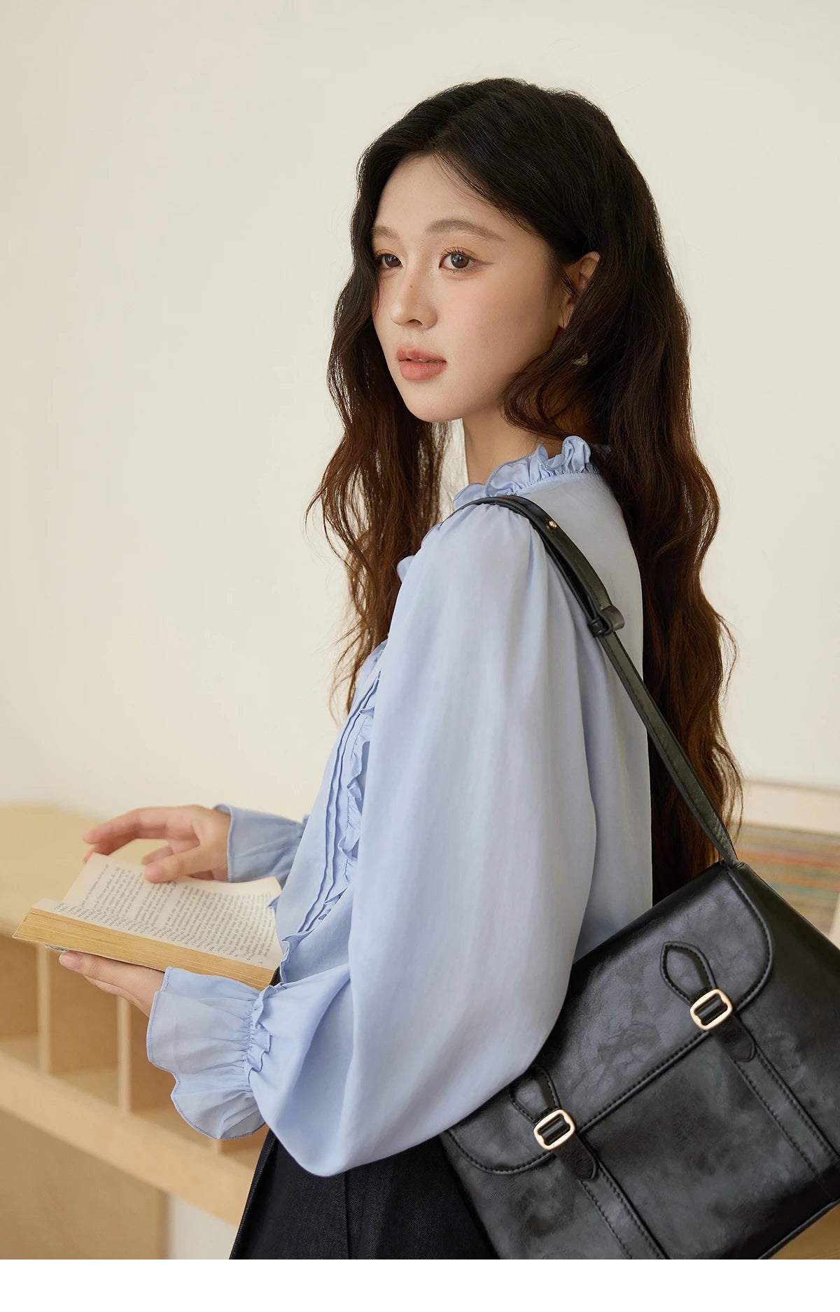 MISHOW 100% Lyocell Women's Blue Shirt 2025 Autumn French Ruffles Long Sleeves Ties Blouse Office Lady Elegant Top MXE45X2484