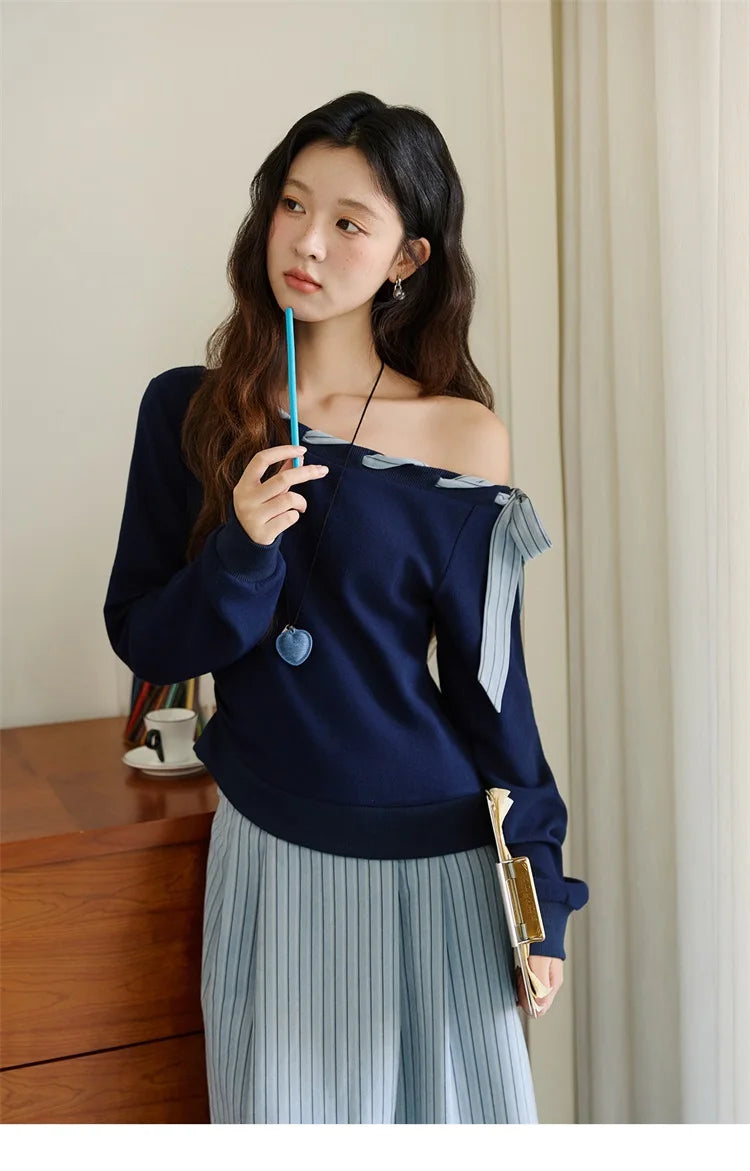 MISHOW Woman Striped Dress 2025 Autumn Blue Navy Slash Neck Contrast Lace Long-sleeved Dress Sexy Clothes for Women MXE45L2516