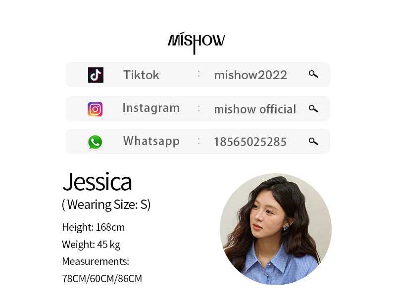 MISHOW Blue Plaid 100 Cotton Shirt Autumn 2025 Bow Tie Waist Matte Silver Butto Shirts Lapel Dropped Sleeved Tops MXE44C2395