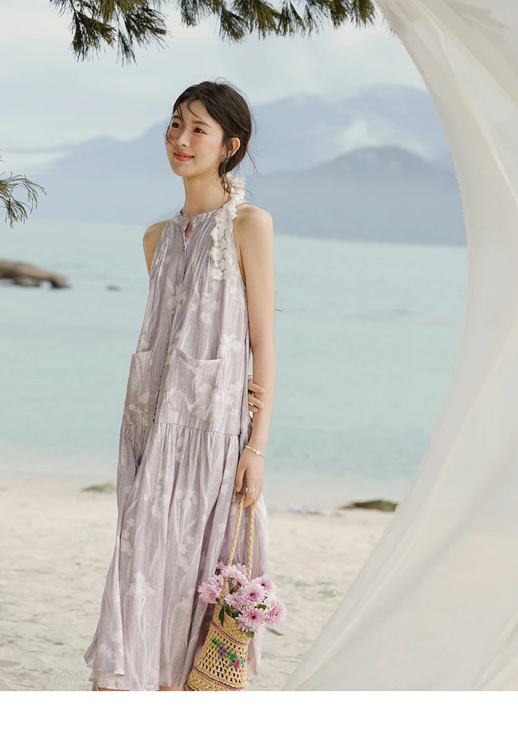 MISHOW Purple Print Chiffon Holiday Dress Women 2025 Summer Sleeveless Stand Collar Slim Dresses Woman New Fashion MXE32L2163