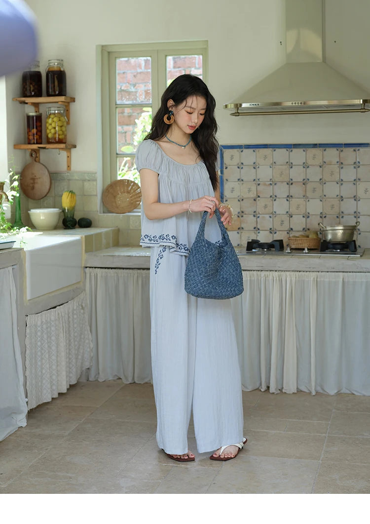 MISHOW Women's Two Piece Set 2025 Summer New Embroidery Flower Round Neck Blouse Fashion Pocket Wide Leg Pants Set MXE39T0669