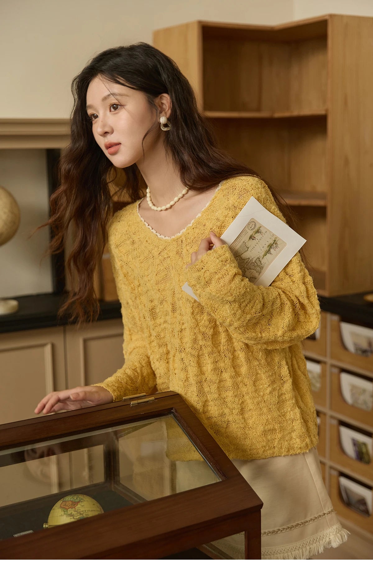MISHOW Bamboo Loop Yarn Knitted Sweater for Women Autumn 2025 Hollow V-neck Lace Sweater Casual Solid Pullovers Tops MXE43Z1349