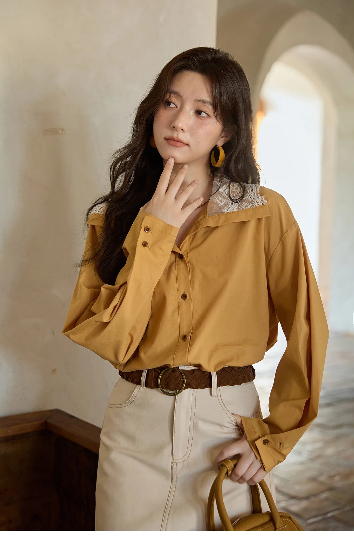 MISHOW Autumn Solid Cotton Shirt Autumn V-neck Double-layer Lace Retro Design Shirts Single Breasted Tops Office Lady MXE41C2366