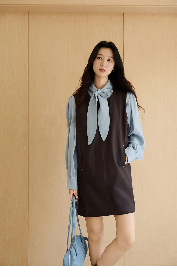 MISHOW Woman Two-piece Set 2025 Autumn College Style Light Blue Shirt Dark Brown Vest Skirt Suit Woman Clothes MXE47T1408