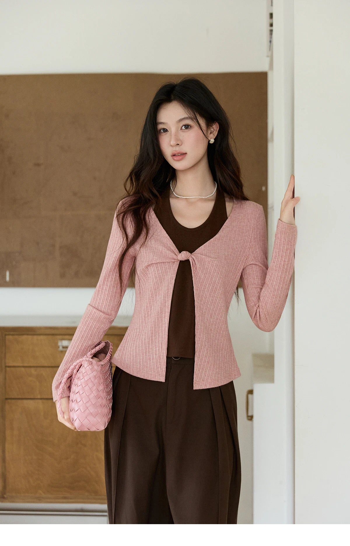 MISHOW Women's Pink Brown Fake Two-Piece Top 2026 Spring Ribbed Knit Knot Front Thin Top U-Neck Long Sleeve Slim Tops MXF11Z2912