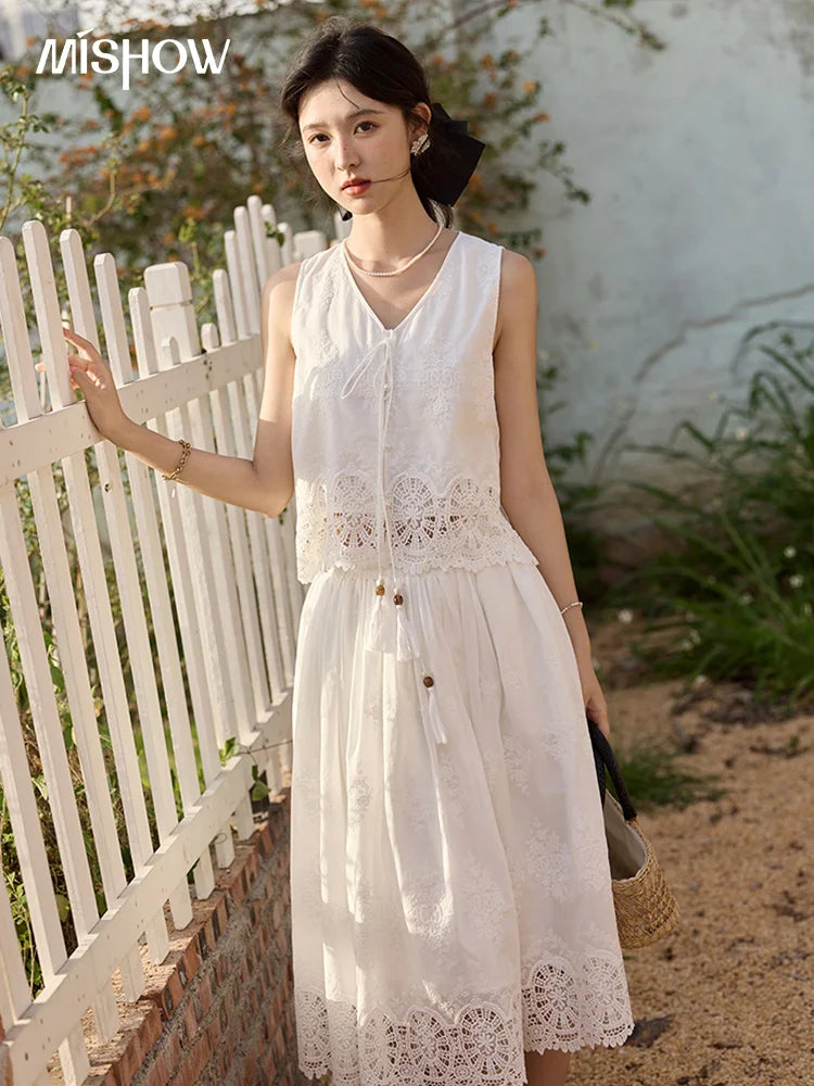 MISHOW 2 Pieces Set Woman Embroidery V-neck Hollow Lace Up Sleeveless Top Summer 2025 Slim Elastic Waist Skirt Set MXE33T0593