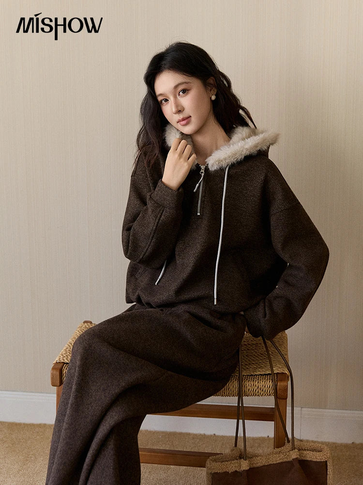 MISHOW Women's Brown Two-Piece Set 2025 Winter Faux Fur Hood Sweatshirt Elastic Waist Wide-Leg Pants Warm Casual Sets MXE94T1476