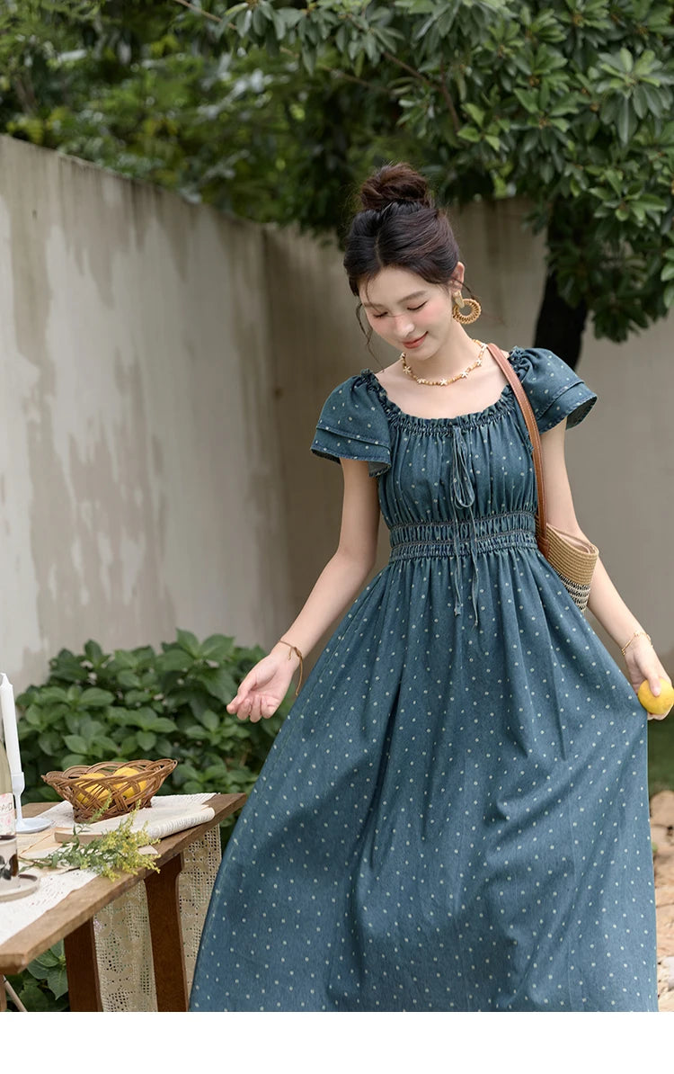 MISHOW Lace Up Flying Sleeve Polka Dot Dress Summer 2024 High Waist Pleated Long Dresses Square Neck Denim Dress MXD30L2022