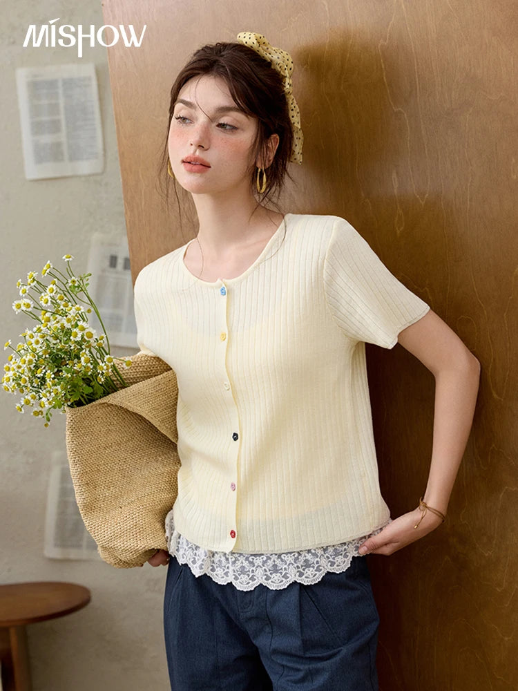 MISHOW Casual Summer Cardigan Women 2025 Short Sleeve Round Neck Solid Thin Knitted Pullovers Female Slimming Tops MXE34Z1268