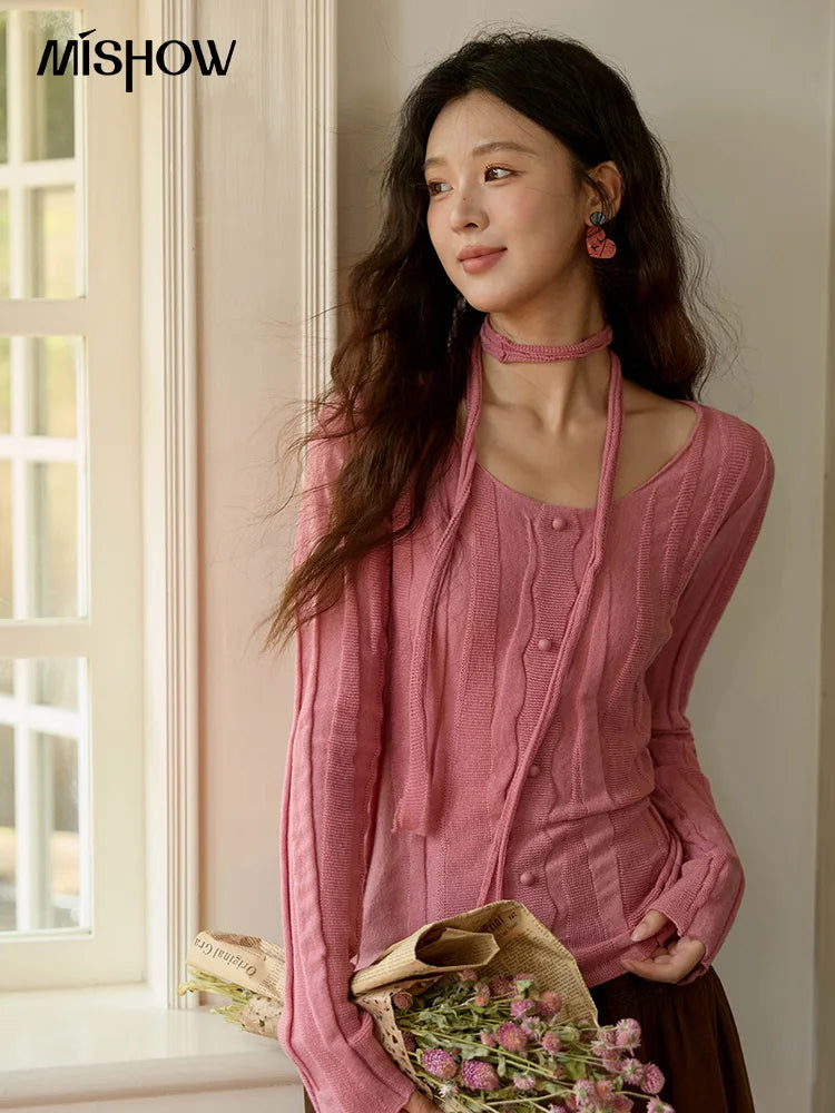 MISHOW Women's Wool Blend Knitted Top 2025 Autumn French Slim Scoop Neck with Draped Tie Soft Solid Pullover Top MXE42Z1322