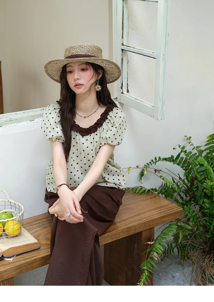 MISHOW 2025 Summer Women's Two Piece Set Polka Dot Puff Sleeve Top Casual Pocket Wide Leg Pants Set Female Clothing MXE39T0657