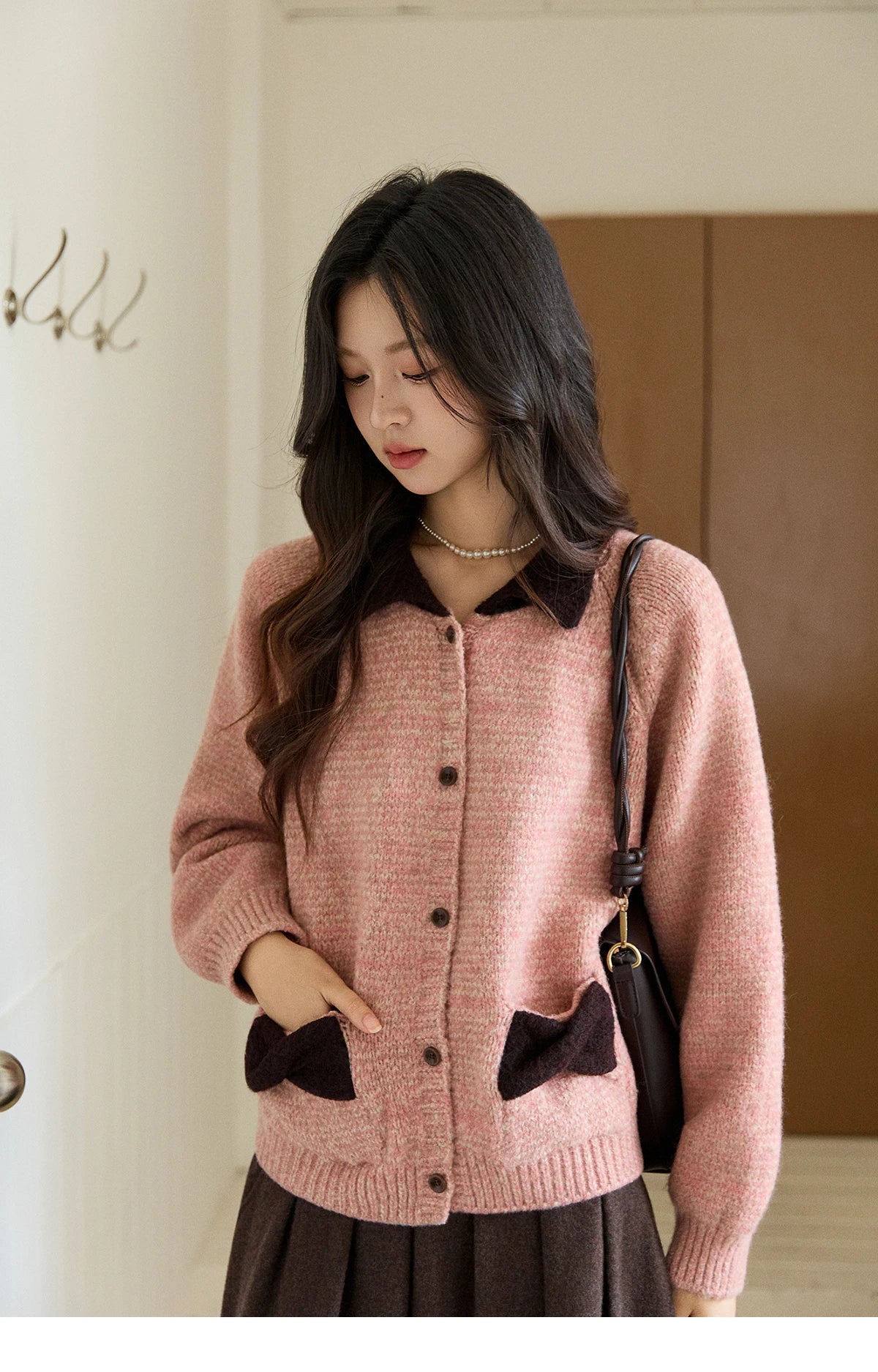 MISHOW Women's Pink Knitted Cardigan Autumn Winter Contrast Collar Bow Pocket  Top Single-breasted Loose Warm Sweater MXE94Z2957