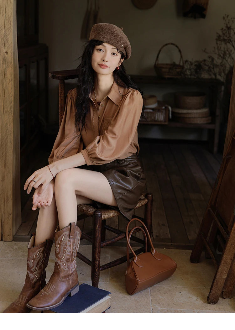 MISHOW Hong Kong Retro Solid Long Sleeve Shirt 2024 Autumn Temperament Loose Tops Lantern Sleeve Embroidery Shirts MXD41C0287