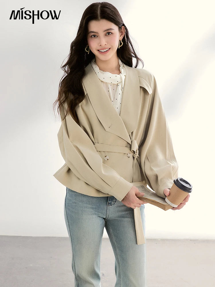 MISHOW Women's Khaki Belted Waist Coat 2026 Spring Lapel Double-breasted Coats female Casual Short Jacket Office Lady MXF13W1056