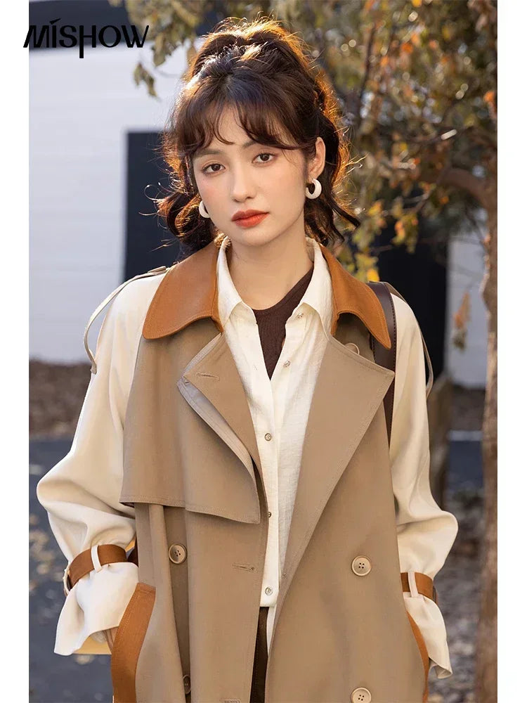 MISHOW Autumn Women's Khaki Trench Contrast Color Woman Clothes Spliced Turn-down Collar All-match Casual Jacket MXB31W0367