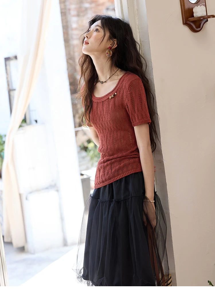 MISHOW Retro Red Hollow Thin Knitted Sweater Shirt for Women 2025 Summer Beads Short Sleeves Knitted Breathable Top MXE35Z1271