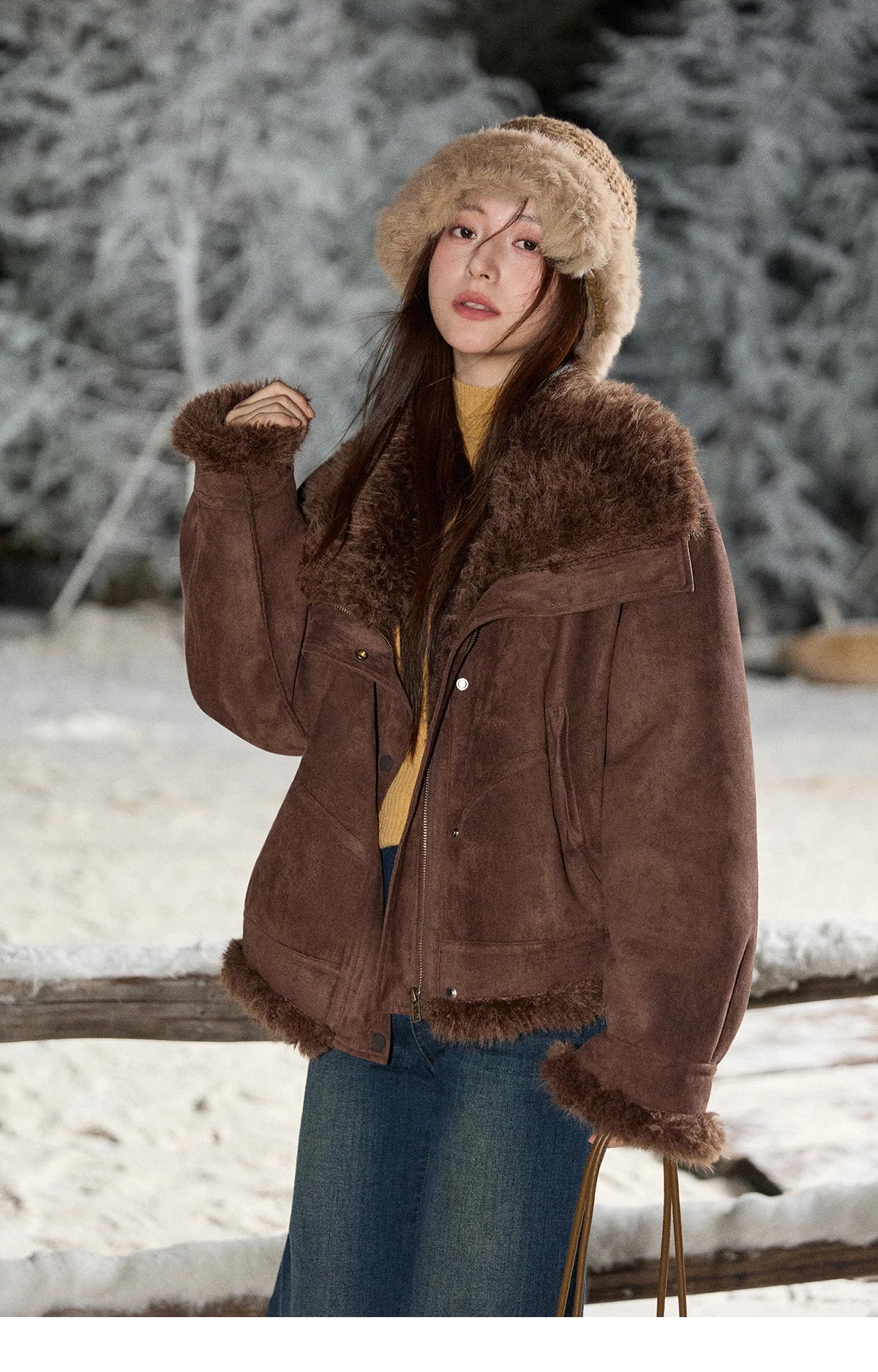 MISHOW Women's Blue Jacket 2025 Winter Blue Plush Turn-down Collar Zip-up Coat Fashion Casual Warm Loose Coat Woman  MXE87W0917