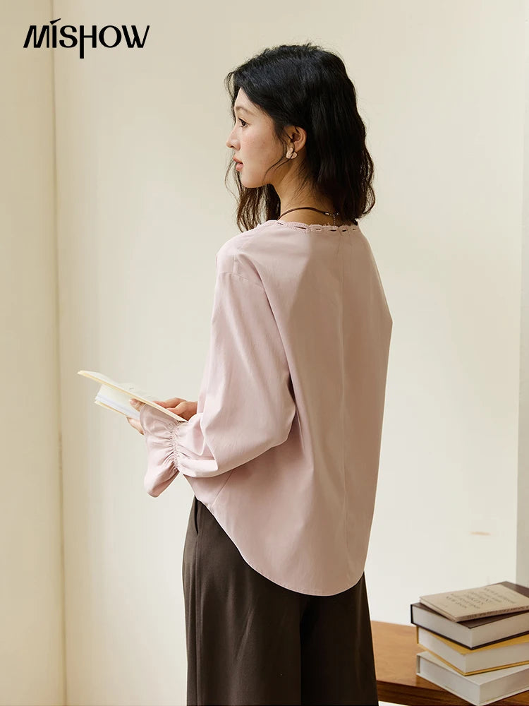 MISHOW Women's Elegant Blouse 2025 Autumn French Style Hollow Out V Neck Pink Blouse Loose Commute Long Sleeves Top MXE48X2502