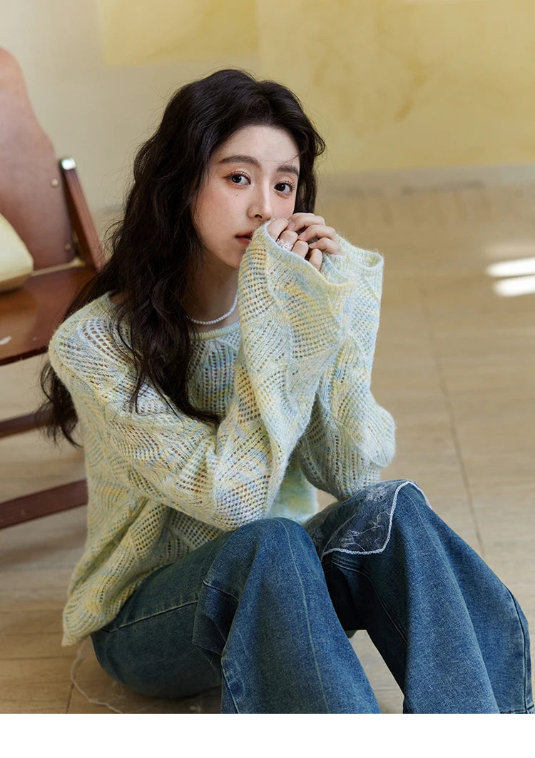 MISHOW Women's Hollow Knitted Sweater 2025 Spring Loose Thin Dropped Shoulder Top Wool O Neck Hem Wavy Edge Sweaters MXE14Z1208