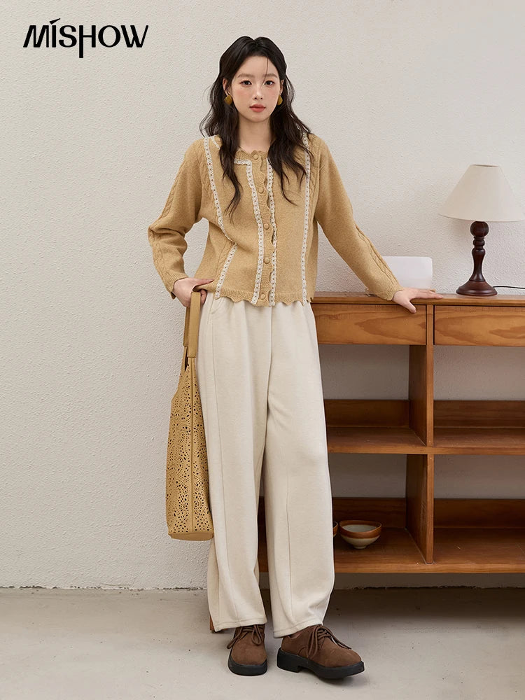 MISHOW Yellow Knitted Cardigan Ladies 2025 New Sweet Lace Stitching Cable Sweater Commute Women's Autumn Cardigan MXE51Z2546