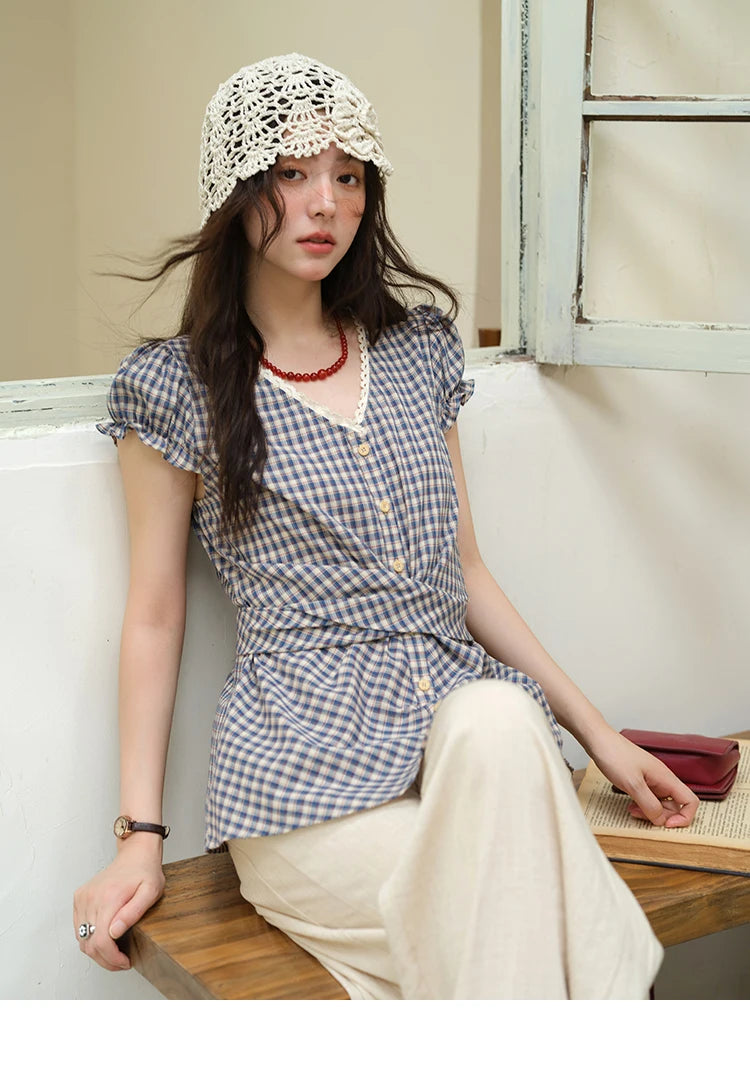 MISHOW Women's Garment Sleeves Plaid Shirt 2025 Summer New Fashion Lace V-neck Shirt Button Belt Top Female Clothing MXE36X1814
