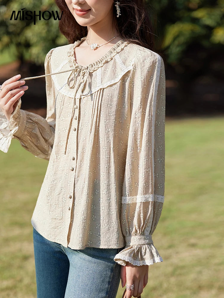 MISHOW Women's Floral Round Neck Shirts 2025 Spring Ruffled Collar Commuting Top Sweet Petal Sleeve Lace-up Shirts MXE14X1729