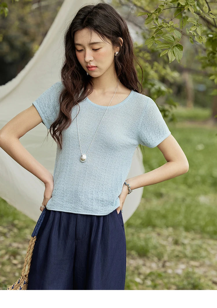 MISHOW Office Lady Women’s T-shirts Summer 2025 Short Sleeve Round Neck Solid Slimming Knitted Shirt Female Fashion MXE34Z1257