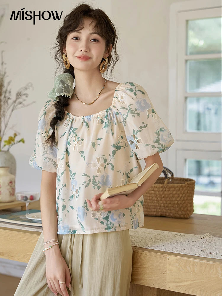 MISHOW Floral Hollow Blouse for Women 2024 Summer Korean Square Collar Elastic Blouses Sweet Puff Sleeve Loose Tops MXD29X1602
