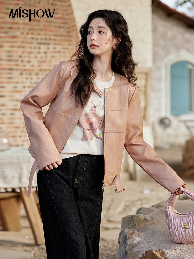 MISHOW Fashion Pink Leather Jacket Women's Spring 2025 New Shoulder Long Sleeved Slim Fit Leisure Tops Coat Female MXE11W0714