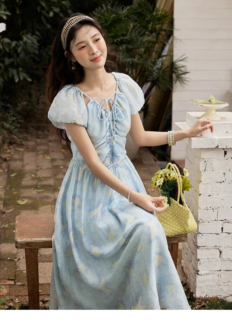 MISHOW V-Neck Lace-Up Puff Sleeve Midi Dress MXE34L2227