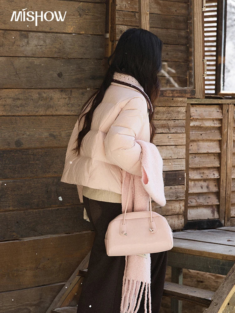 MISHOW Women's Sweet Knitted Lapel Collar Short Down Jacket 2025 Winter White Duck Down Single-Breasted Zipper Coat MXE94Y0094