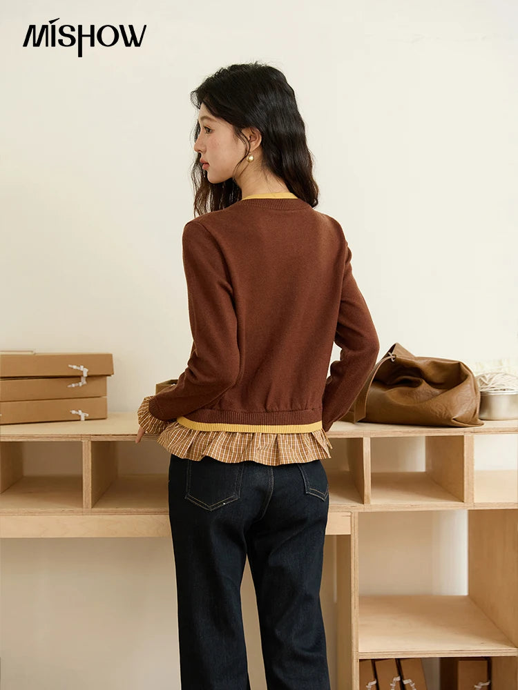 MISHOW Fake Two Knitted Sweaters Autumn Retro Color Contrasting Bow Embroidered Sweater Hemp Cuff Splicing Plaid Top MXE46Z2495