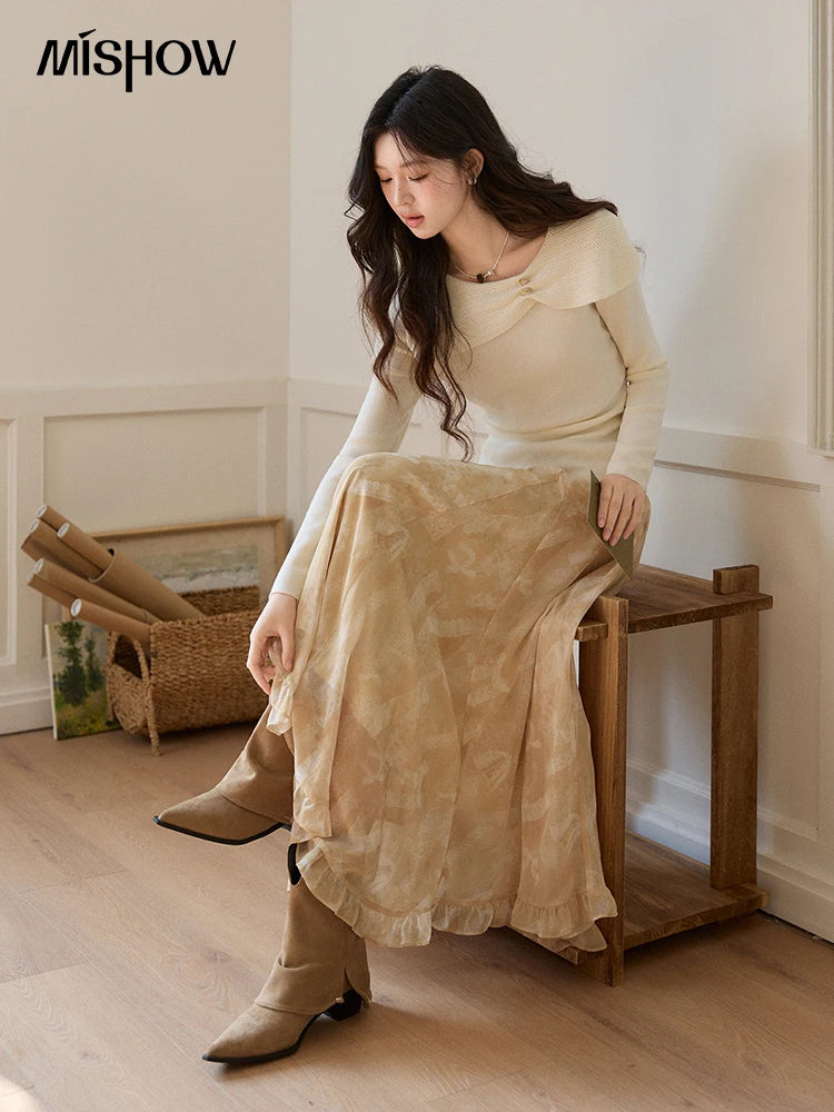 MISHOW Women's Beige Chiffon Maxi Skirt 2026 Spring Floral Print High Waist Ruffled Asymmetrical Casual Long Skirts MXF11B2463