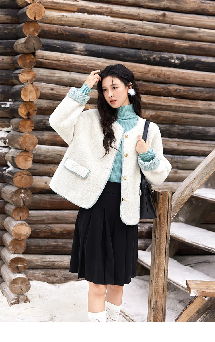 MISHOW Lamb Wool Jacket Women Cuffs Spliced Lace Metal Buttons Design Suede Plush Soft Warm Solid Leather Fur Coats MXD58W0740