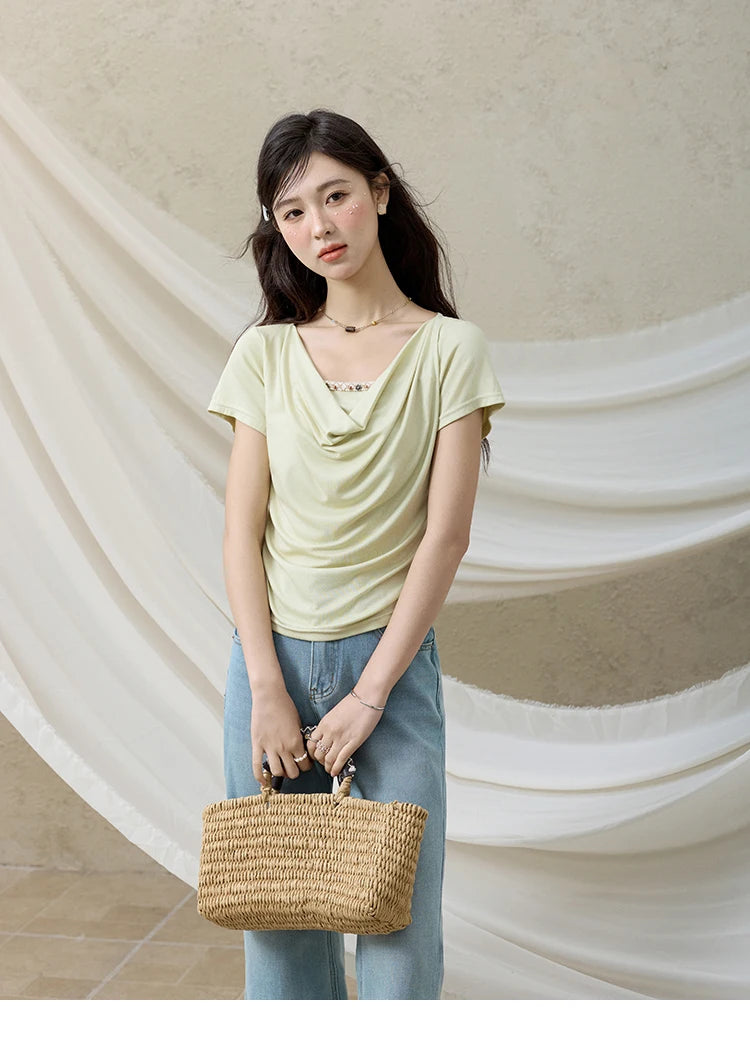 MISHOW Casual Summer Shirts Women 2025 Fashion Short Sleeve Swing Collar Solid T-shirt Female Slim Shell Ribbon Tops MXE33T0524