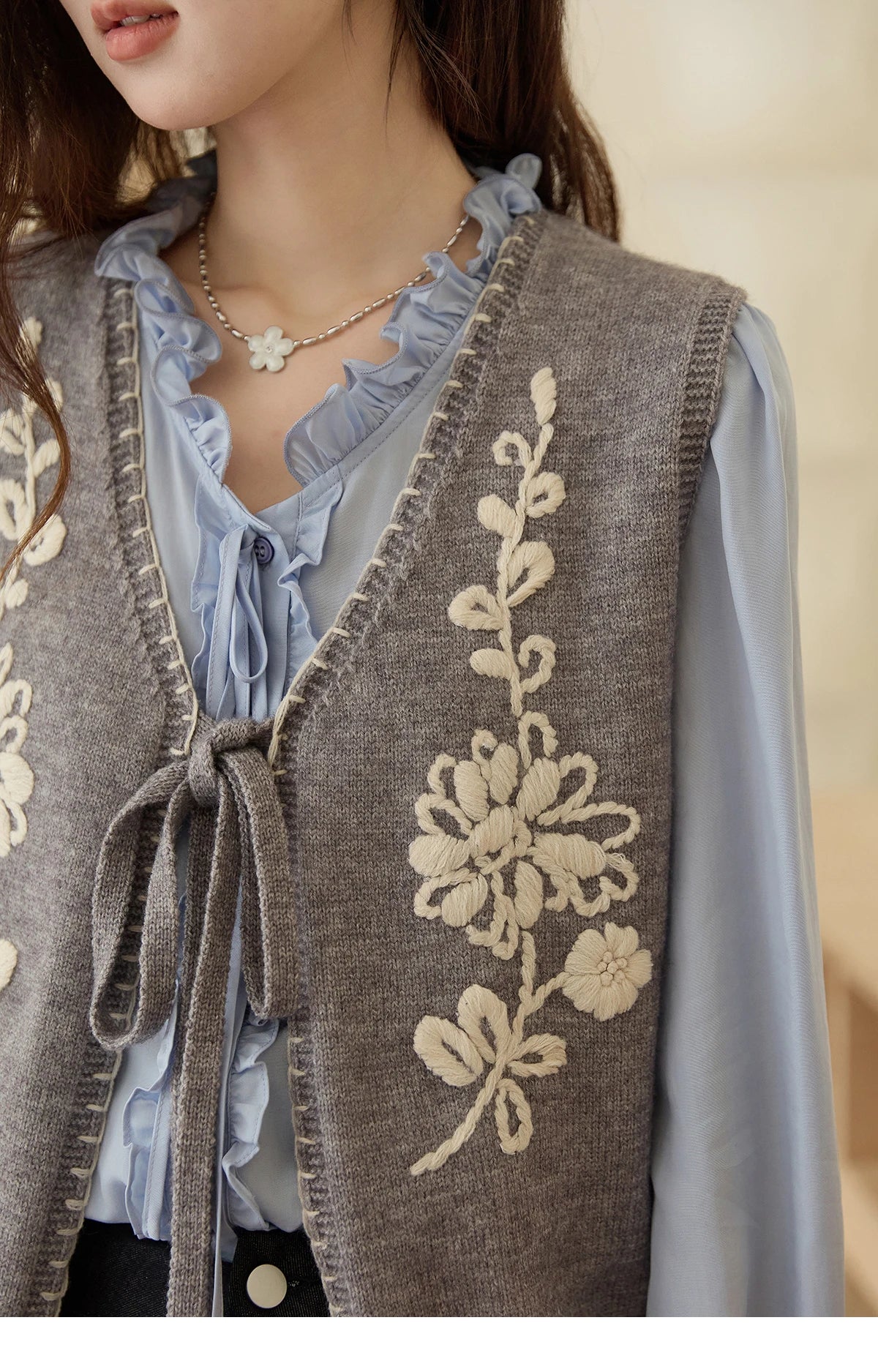 MISHOW Women's Knitted Vests 2025 Autumn Solid Embroidered Vest V-neck Tie Short Loose Outerwear Versatile Knit Top MXE45Z1397