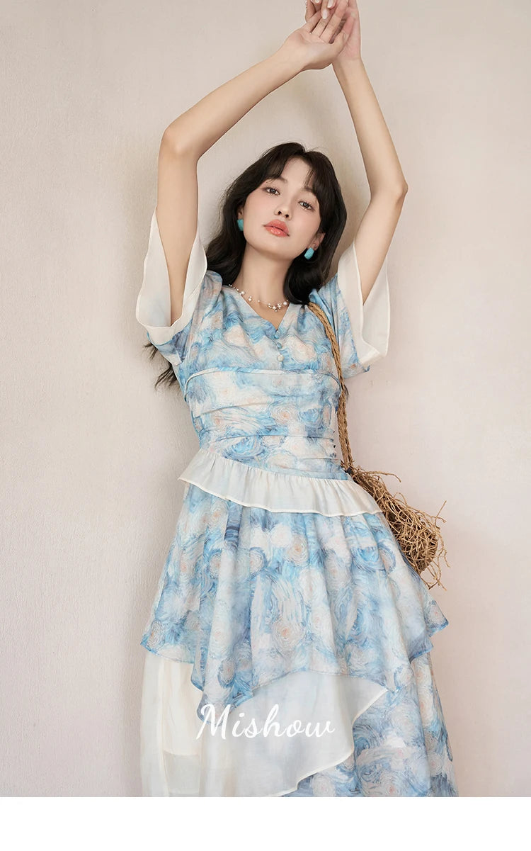 MISHOW [Van Gogh Collection] Fairycore Dresses 2025 Summer Double Layer Sleeves Asymmetrical V-Neck Printing Dress MXC39L1527