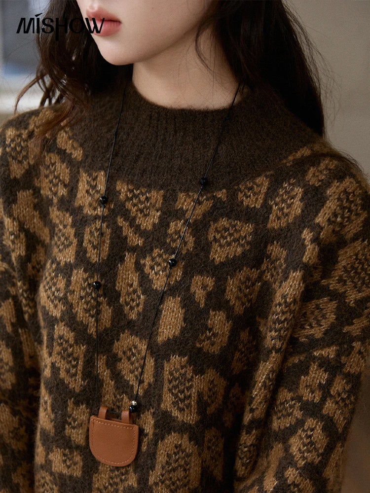 MISHOW Women's Color Block Geometric Leopard Jacquard Sweater Winter French Half Turtleneck Dropped Sleeve Knitwear MXE91Z2839